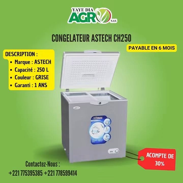 Affiche Yaye Dia Agro : Congélateur coffre Astech CH250, acompte de 30 %, payable en 6 mois