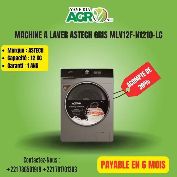 Affiche Yaye Dia Agro : Machine à laver Astech MLV12F-N1210-LC, acompte de 30 %, payable en 6 mois