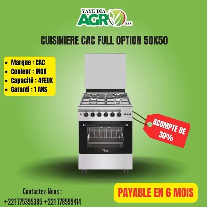 Affiche Yaye Dia Agro : Cuisinière CAC Full Option 50 × 50, acompte de 30 %, payable en 6 mois