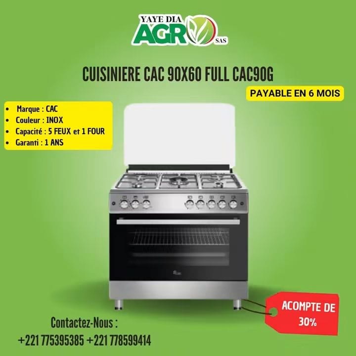 Affiche Yaye Dia Agro : Cuisinière CAC Full 90 × 60 CAC90G, acompte de 30 %, payable en 6 mois