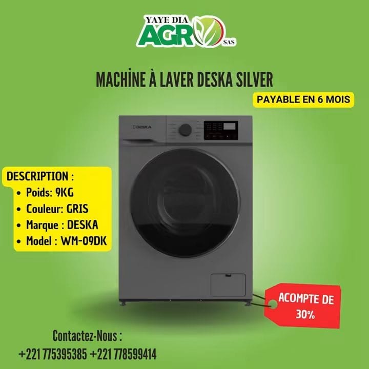 Affiche Yaye Dia Agro : Machine à laver Deska Silver WM-09DK, acompte de 30 %, payable en 6 mois