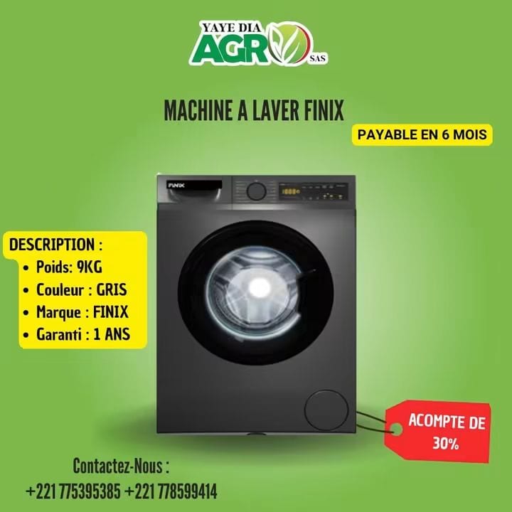 Affiche Yaye Dia Agro : Machine à laver Finix, acompte de 30 %, payable en 6 mois