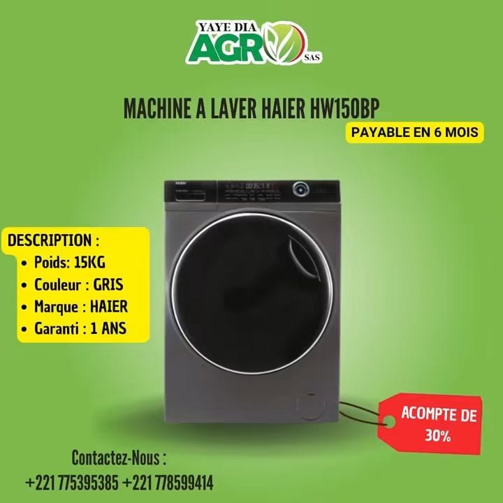 Affiche Yaye Dia Agro : Machine à laver Haier HW150BP, acompte de 30 %, payable en 6 mois