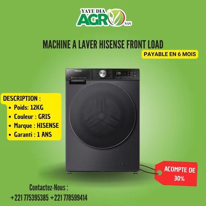 Affiche Yaye Dia Agro : Machine à laver Hisense Front Load, acompte de 30 %, payable en 6 mois