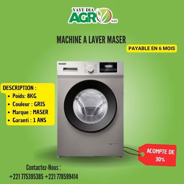 Affiche Yaye Dia Agro : Machine à laver Maser, acompte de 30 %, payable en 6 mois