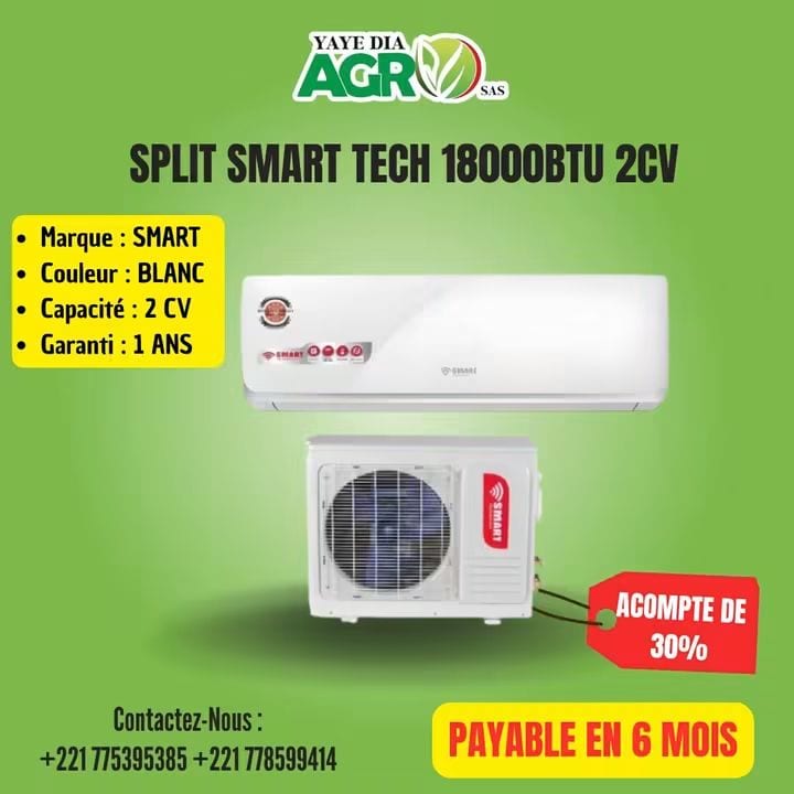 Affiche Yaye Dia Agro : Climatiseur split Smart Tech 18 000 BTU, acompte de 30 %, payable en 6 mois