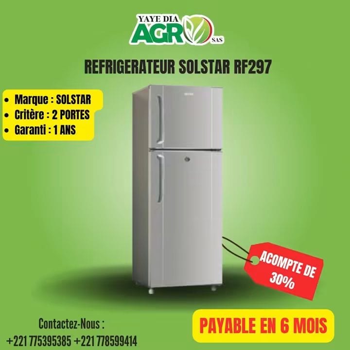 Affiche Yaye Dia Agro : Réfrigérateur Solstar RF297, acompte de 30 %, payable en 6 mois