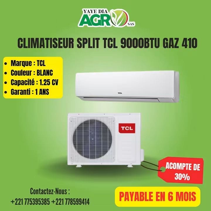 Affiche Yaye Dia Agro : Climatiseur split TCL 9 000 BTU, acompte de 30 %, payable en 6 mois