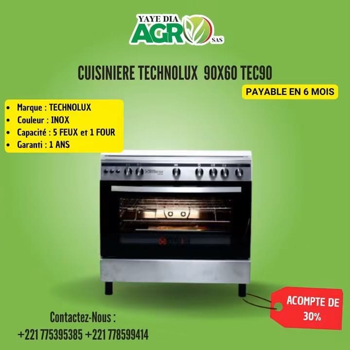 Affiche Yaye Dia Agro : Cuisinière Technolux 90 × 60 TEC90, acompte de 30 %, payable en 6 mois
