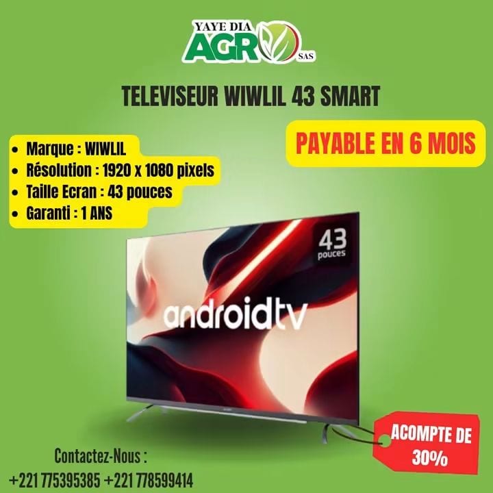 Affiche Yaye Dia Agro : Téléviseur Wiwlil Smart 43 pouces, acompte de 30 %, payable en 6 mois