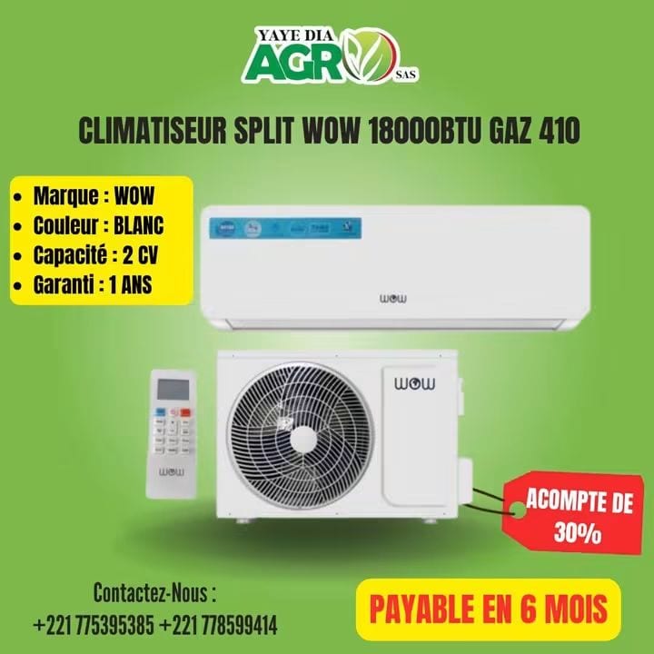 Affiche Yaye Dia Agro : Climatiseur split WOW 18 000 BTU, acompte de 30 %, payable en 6 mois